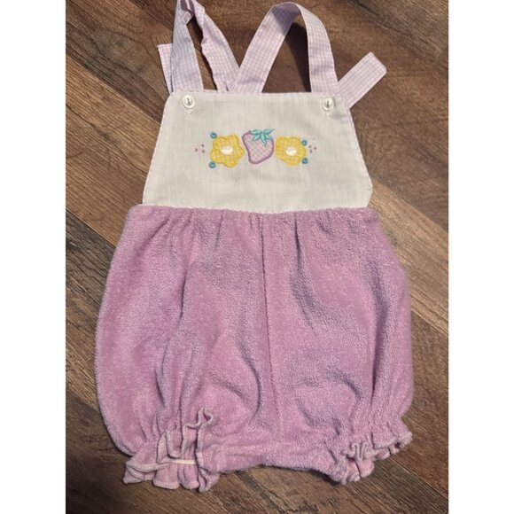 VTG Baby Purple Terrycloth Romper W  Strawberry & Flowers & Gingham Straps - Picture 3 of 9